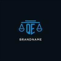 QE monogram initial logo with scales of justice icon design inspiration vector