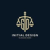 GO initial logo with scale of justice and shield icon vector