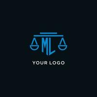 ml monograma inicial logo con escamas de justicia icono diseño inspiración vector