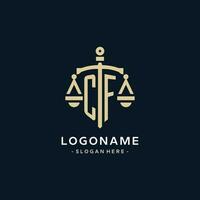 CF initial logo with scale of justice and shield icon vector
