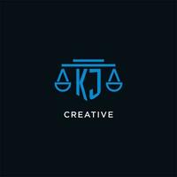 KJ monogram initial logo with scales of justice icon design inspiration vector