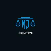 MJ monogram initial logo with scales of justice icon design inspiration vector
