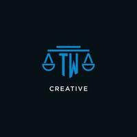 TW monogram initial logo with scales of justice icon design inspiration vector