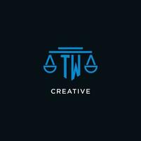 TW monogram initial logo with scales of justice icon design inspiration vector