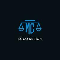MC monogram initial logo with scales of justice icon design inspiration vector