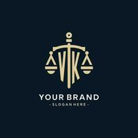 VK initial logo with scale of justice and shield icon vector