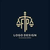 FP initial logo with scale of justice and shield icon vector