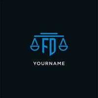 FD monogram initial logo with scales of justice icon design inspiration vector