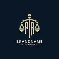 PR initial logo with scale of justice and shield icon vector