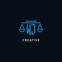 WJ monogram initial logo with scales of justice icon design inspiration vector