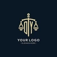 OY initial logo with scale of justice and shield icon vector