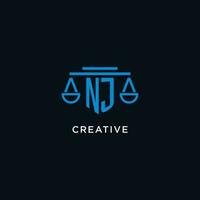NJ monogram initial logo with scales of justice icon design inspiration vector