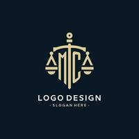 MC initial logo with scale of justice and shield icon vector
