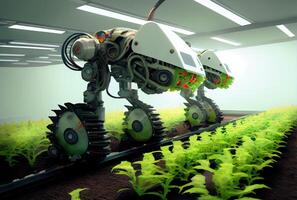 Robot farming harvesting agricultural products in greenhouse. Innovative futuristics technology and 5G smart farming concept. photo