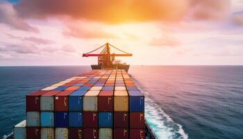 Container ship carrying container boxes import export dock with quay crane. Business commercial trade global cargo freight shipping logistic and transportation worldwide oversea concept. photo