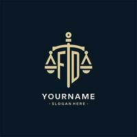 FD initial logo with scale of justice and shield icon vector