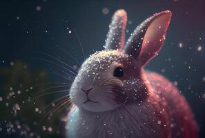 Bunny rabbit in the snowy and shiny bokeh background. Animal and Holiday concept. photo