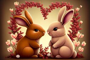 Cute cartoon rabbit couple holding hands with red garland heart-shape on background in Valentines day concept. photo