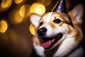 Happy Corgi dog in party with bokeh light background. Animal and pet concept. photo