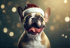 Happy French bulldog dog in Santa Claus costume and shiny bokeh background. Animal and Holiday concept. photo