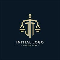 JT initial logo with scale of justice and shield icon vector