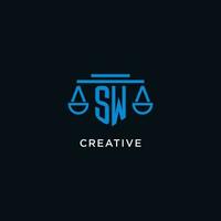 SW monogram initial logo with scales of justice icon design inspiration vector