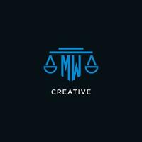 MW monogram initial logo with scales of justice icon design inspiration vector