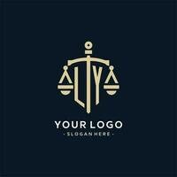 LY initial logo with scale of justice and shield icon vector