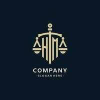 HM initial logo with scale of justice and shield icon vector