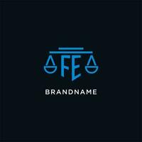 FE monogram initial logo with scales of justice icon design inspiration vector