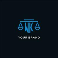 WK monogram initial logo with scales of justice icon design inspiration vector