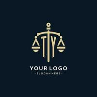 TY initial logo with scale of justice and shield icon vector