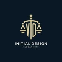 VO initial logo with scale of justice and shield icon vector