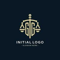 GG initial logo with scale of justice and shield icon vector