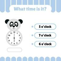 Educational worksheets for kids with clock. Learning time game on the clock. Activity pages with animals and numbers. What time is it vector