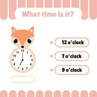 Educational worksheets for kids with clock. Learning time game on the clock. Activity pages with animals and numbers. What time is it vector