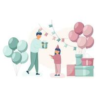 papá y hija celebrando cumpleaños. caracteres en pie cerca cumpleaños regalo cajas y globos, papel picado. contento cumpleaños concepto. vector