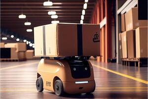 Robot AGV transporting cardboard box in warehouse background. Technology innovation and delivery concept. photo