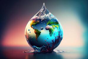 Earth in water drop shape dropping on the ground background. Environment and World savings concept. Digital art illustration. photo