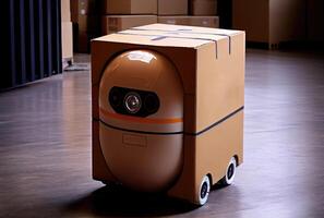 Robot AGV transporting cardboard box in warehouse background. Technology innovation and delivery concept. photo