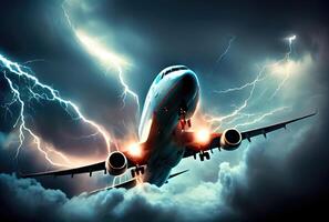 Commercial airplane hit by lightning thunder in bad weather storm background. Transportation and accident concept. photo