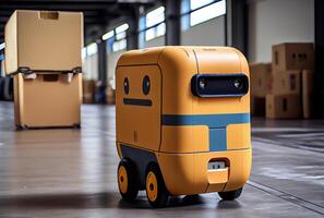 Robot AGV transporting cardboard box in warehouse background. Technology innovation and delivery concept. photo