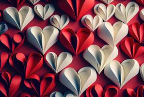 corte de papel rojo y blanco corazones origami antecedentes. amor historia y san valentin día fondo de pantalla concepto. generativo ai foto