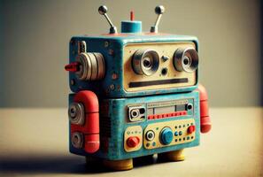 Retro tin robot toy on the minimal background. Playful and fun concept. photo