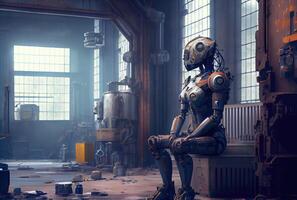 un humanoide robot con oxidado se sienta contemplando en antiguo abandonado fábrica. tecnología y artificial inteligencia concepto. generativo ai foto