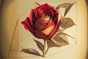 Red rose with geometric golden frame drawing line background. photo
