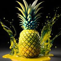 Amazing pineapple with water splash and drops isolated, photo