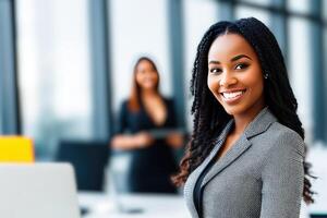 joven sonriente mujer de negocios, en pie en difuminar antecedentes de oficina. generativo ai foto