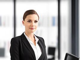 Young smiling businesswoman, standing in blur background of office. photo