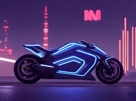 Futuristic concept motorbike in city background. photo